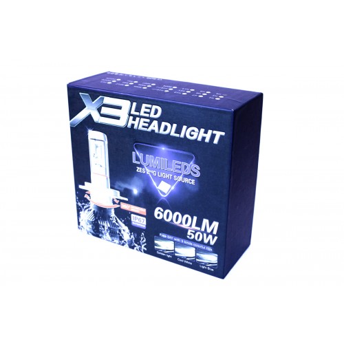 Комплект світлодіодних ламп AllLight X3 H4 50W 6000K 6000lm з радіатором та світлофільтрами (3000K/8000K) 12-24V